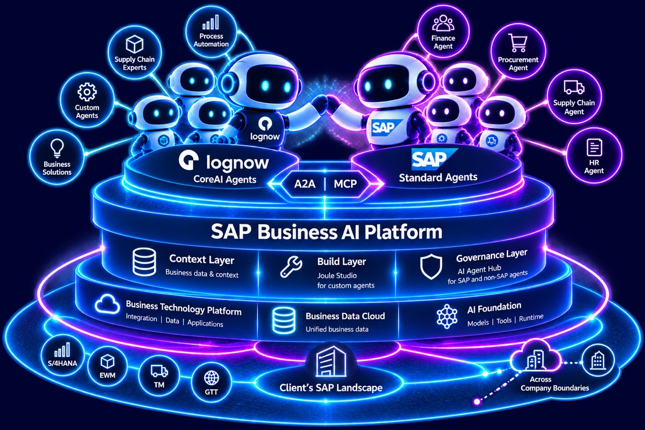 Illustration: Lognow-CoreAI-Agenten und SAP-Standard-Agenten, über A2A und MCP verbunden, auf der SAP Business AI Platform – Kontext-, Build- und Governance-Schicht über der SAP-Landschaft des Kunden mit S/4HANA, EWM, TM und GTT.